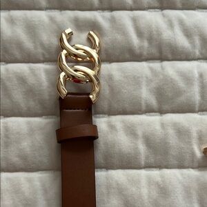 Elegant Brown Leather Belt with Gold Buckle